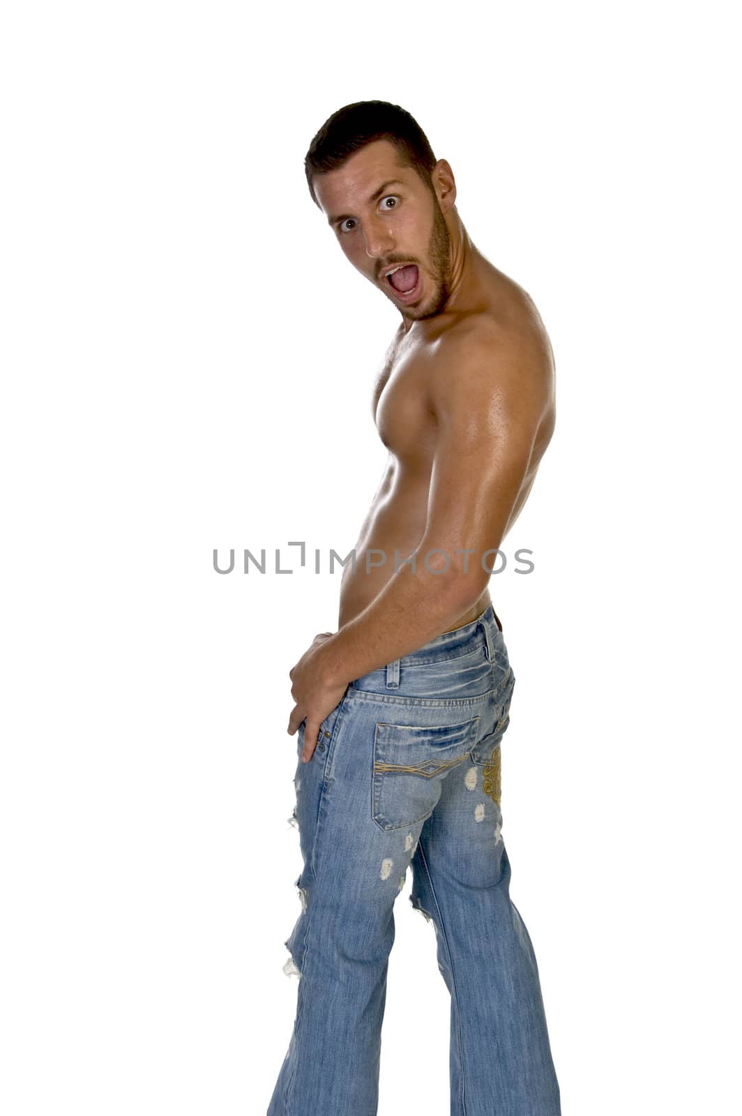 muscular male posing with mouth open on an isolated white background