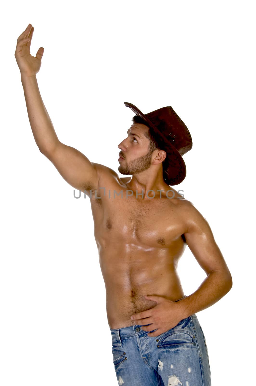 smart guy posing with one hand up  on an isolated background