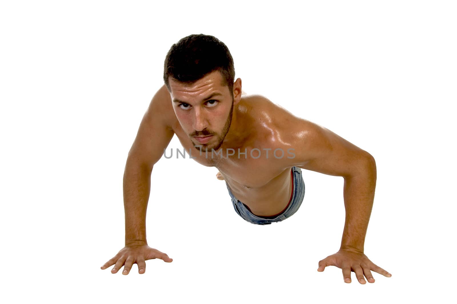 male working out with side pose with white background