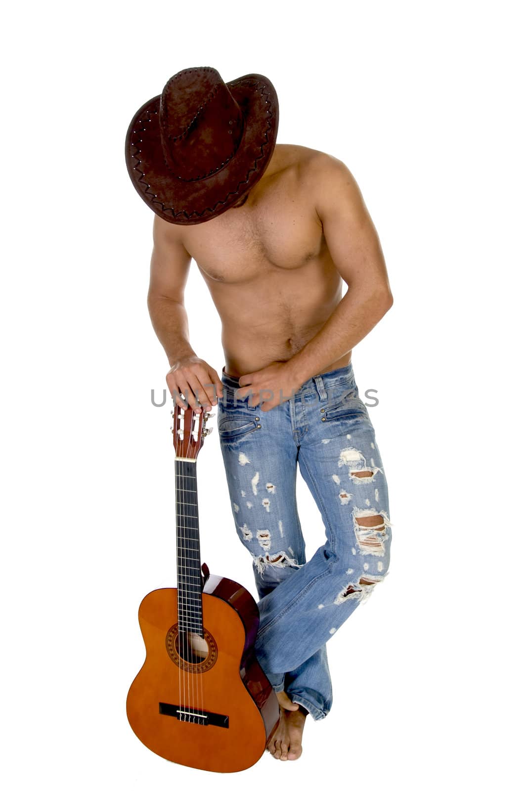 man in cowbow hat holding guitar on an isolated white background