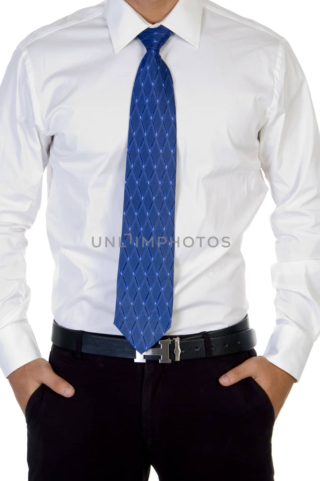 man with his hand in pocket with white background