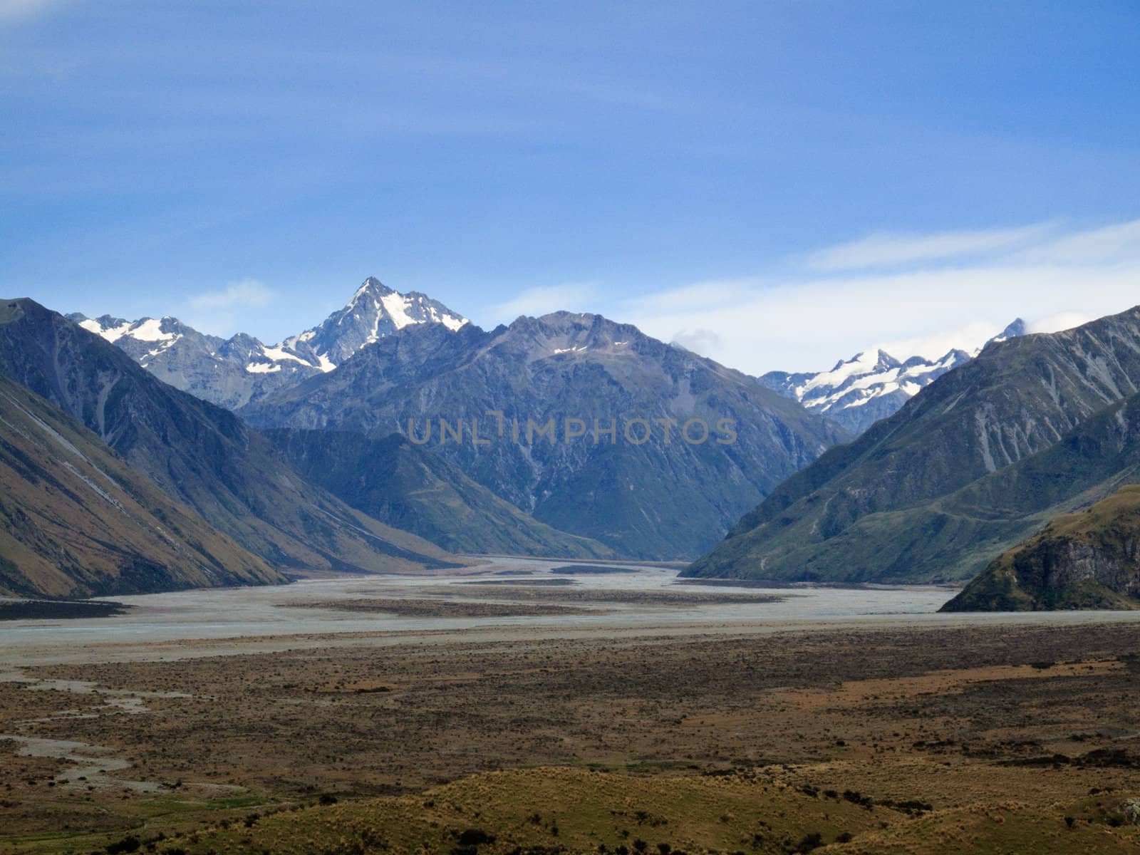 Mount Cook in New Zealand with a river valley in the foreground