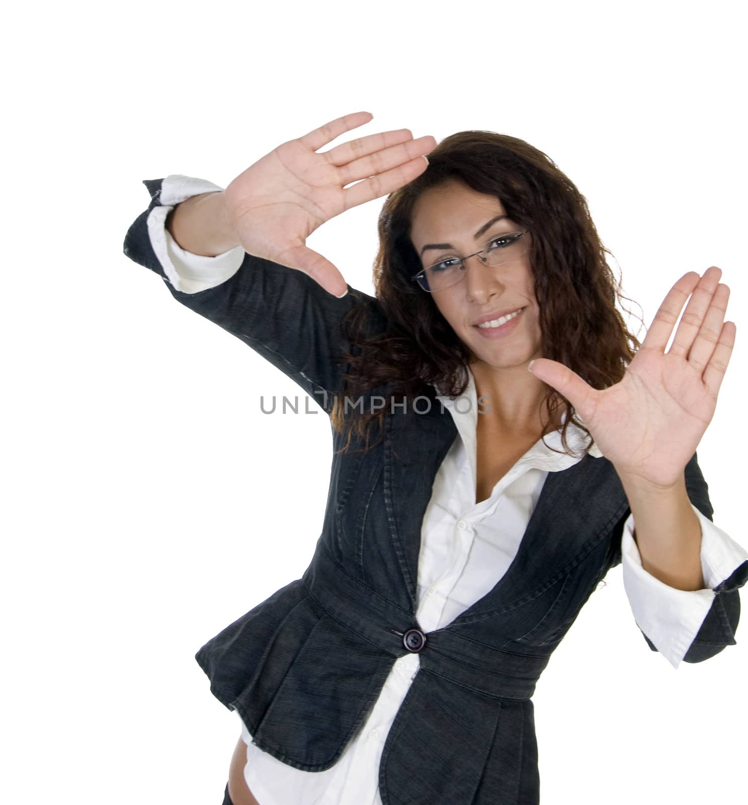 woman making pose with palm with white background