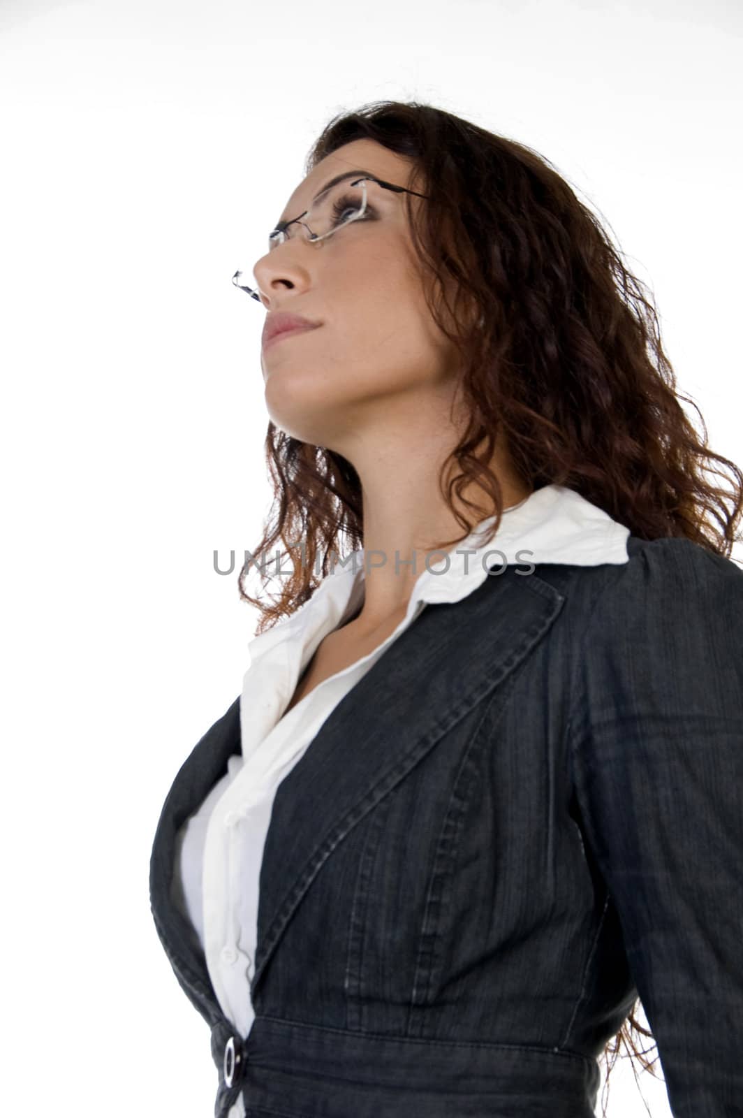 beautiful woman looking upward  on an isolated background