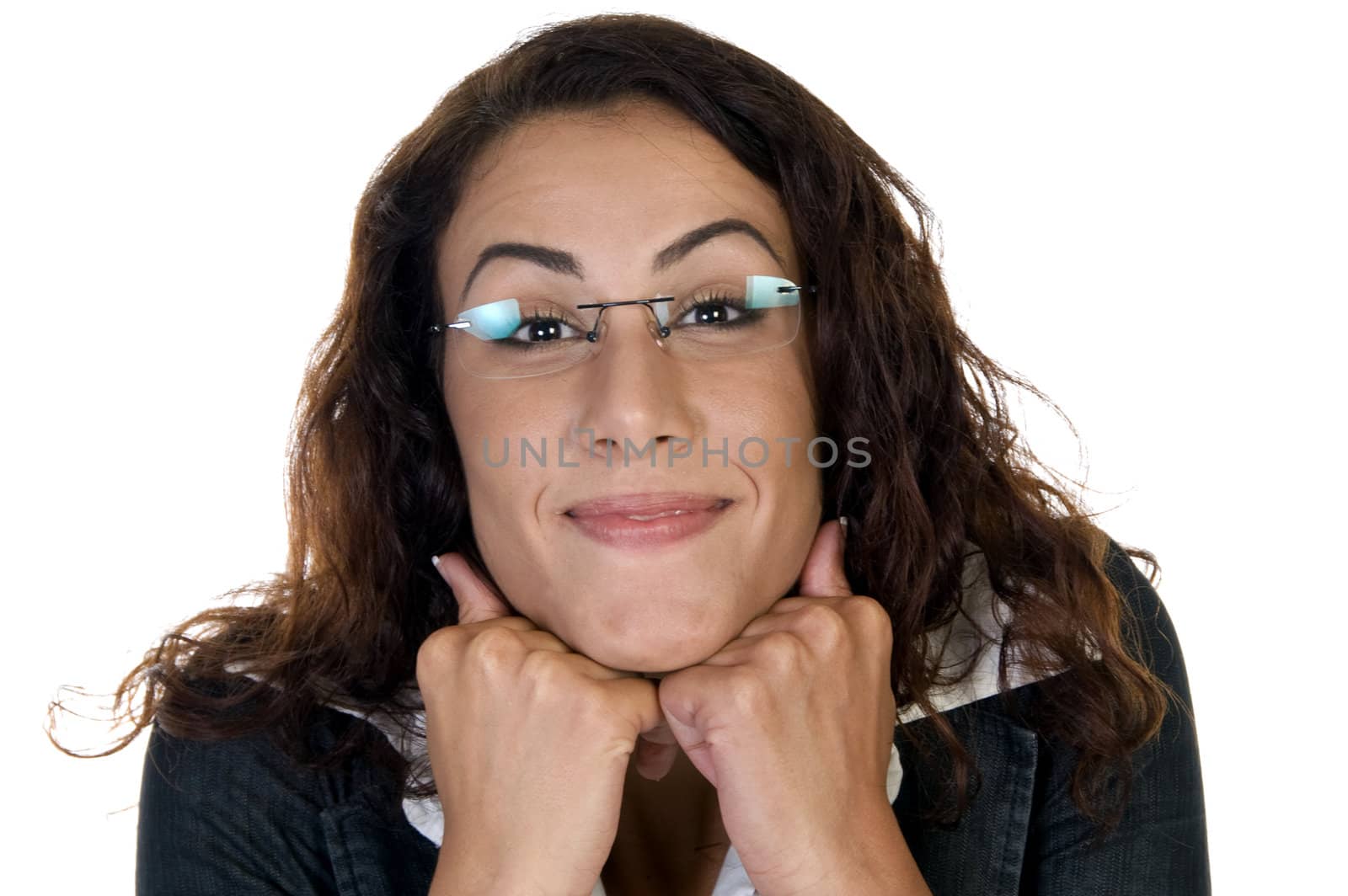 glad woman with chin over hands on an isolated white background