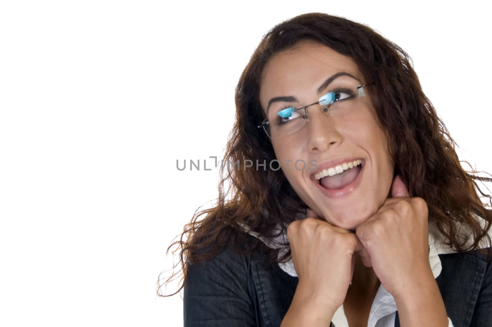 smiling lady with chin over hands  on an isolated background