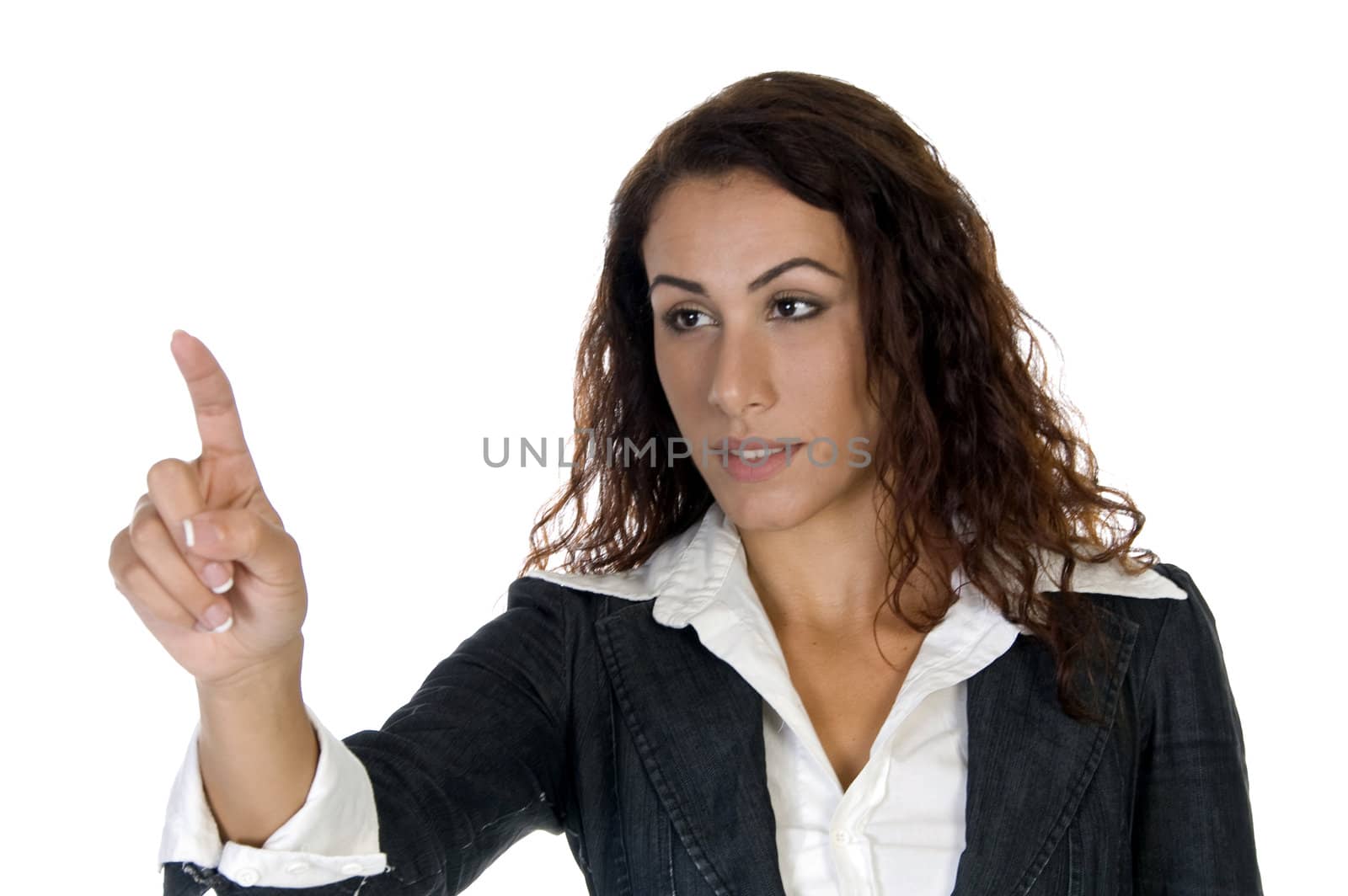 lady indicating something with white background