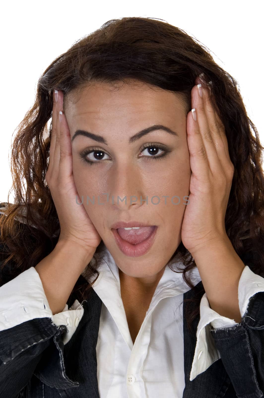 lady holding head against white background