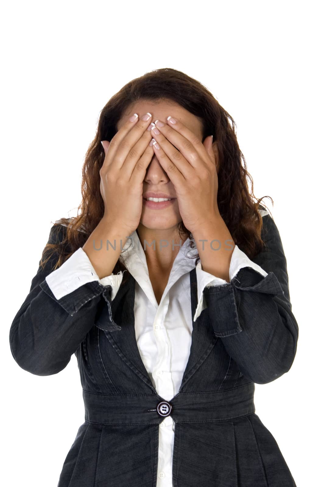 lady closing eyes with hands against white background