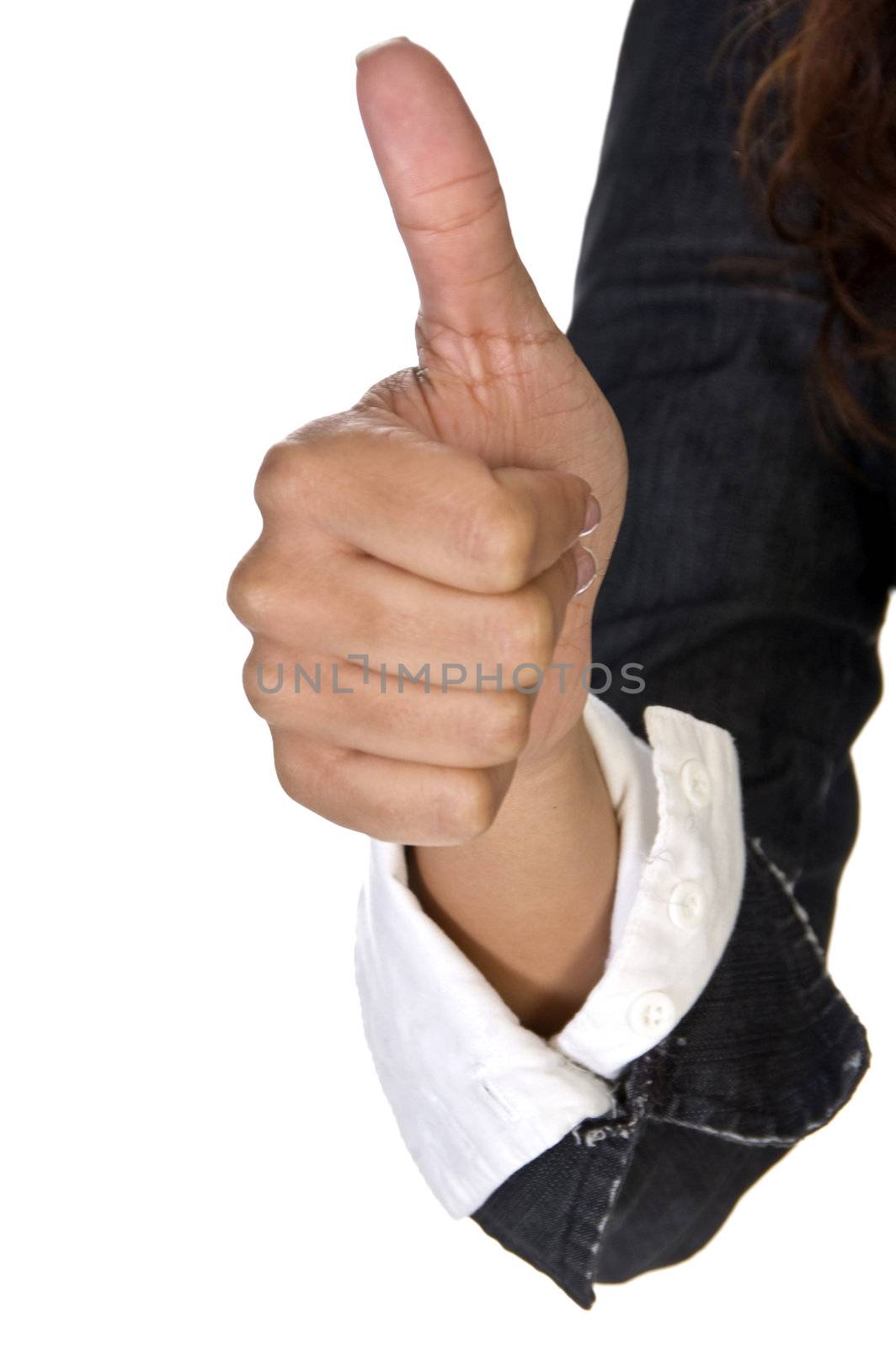 thumb giving approval against white background