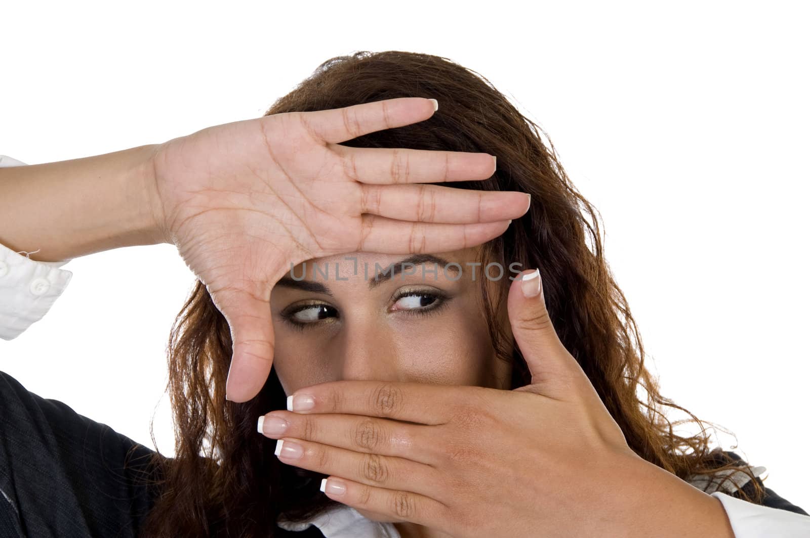 woman with hand frame against white background