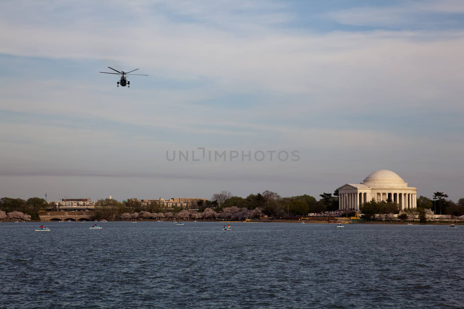 View of Jefferson Memorial with Helicopter flying across the sky