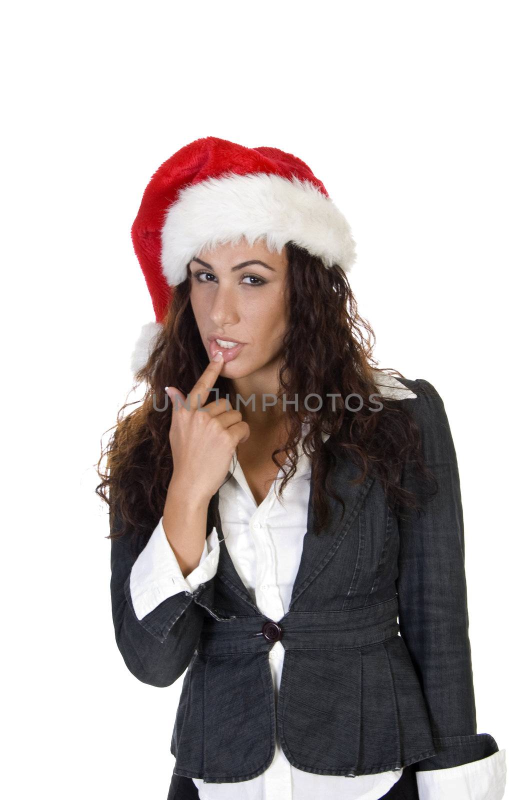 lady touching her lips on an isolated background