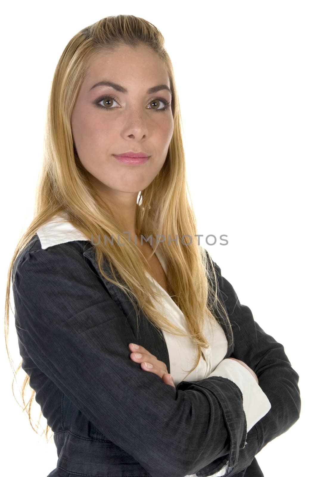 posing lady with folded hands on an isolated white background
