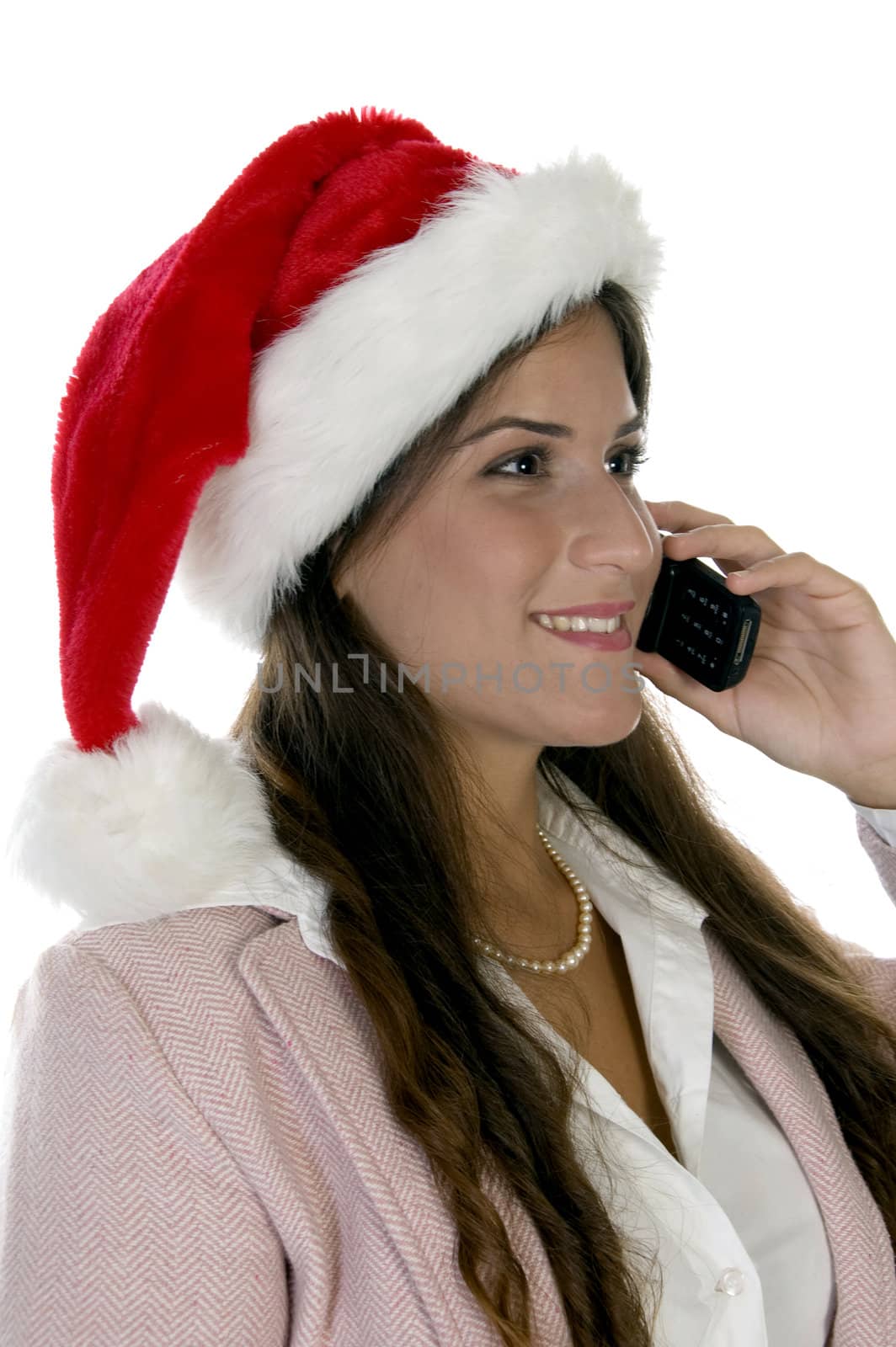 happy woman with mobile and santacap against white background