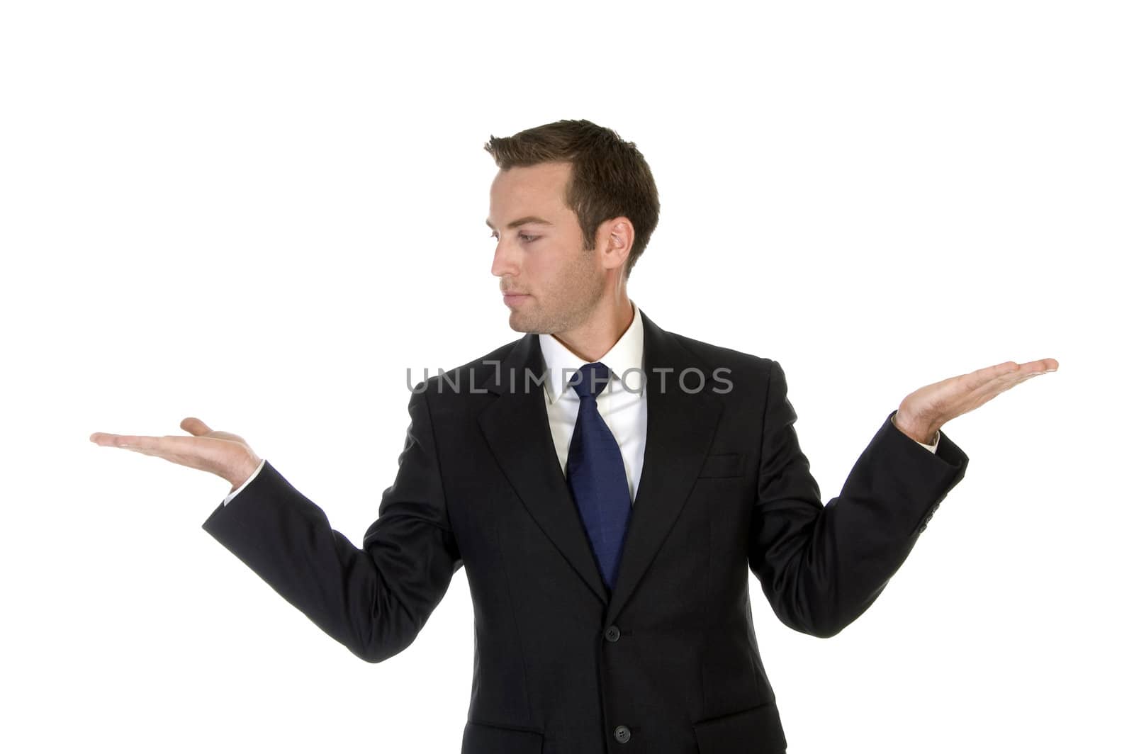 caucasian businessman with open palms on white background