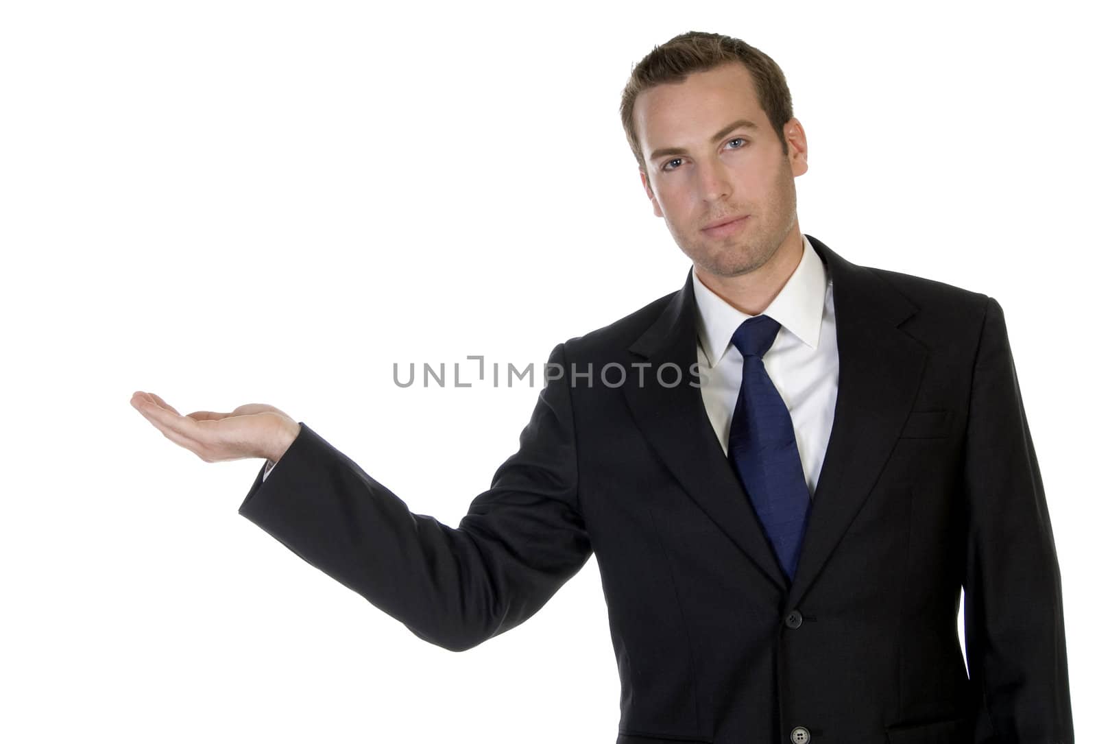 businessman showing his palm isolated on white background