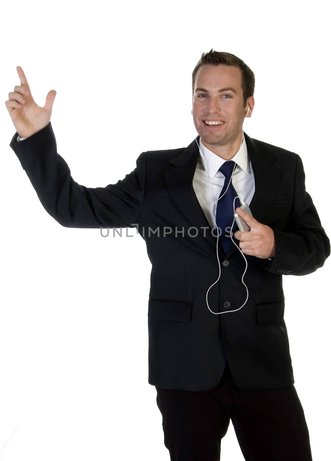 businessman enjoying music on white background