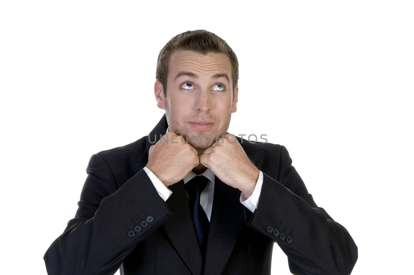 man with clenched hand and looking upside with white background