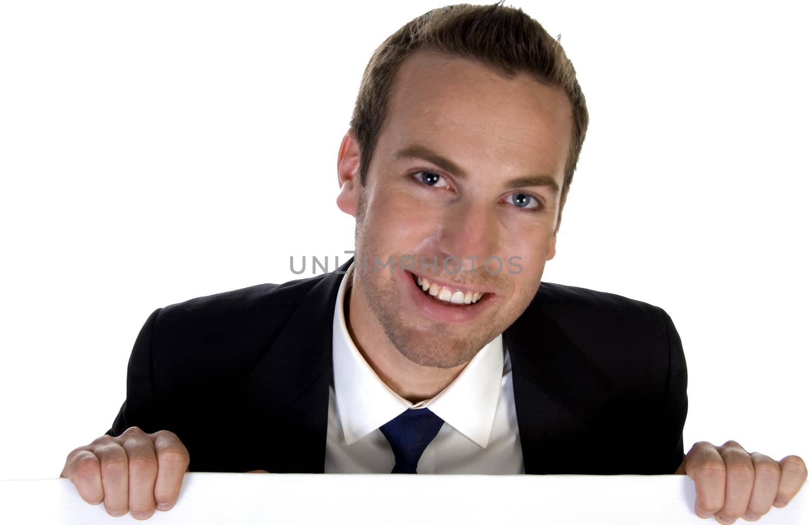 confident businessman holding  white board with white background