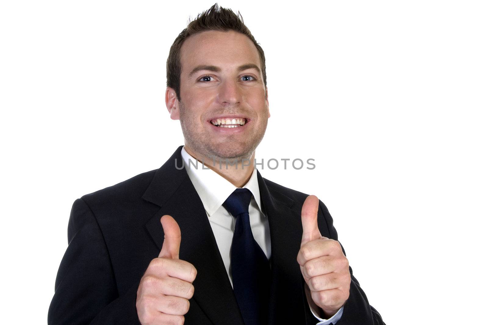 young happy businesssman and showing thumbsup with white background