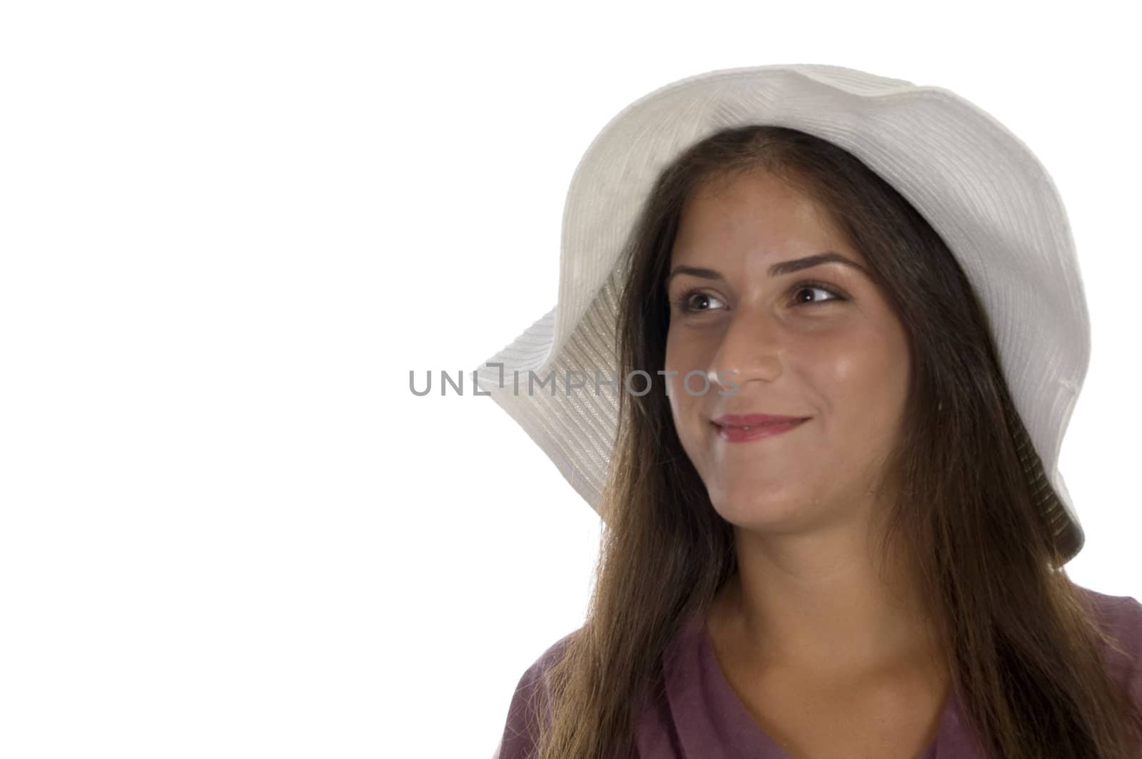 close up of charming lady against white background