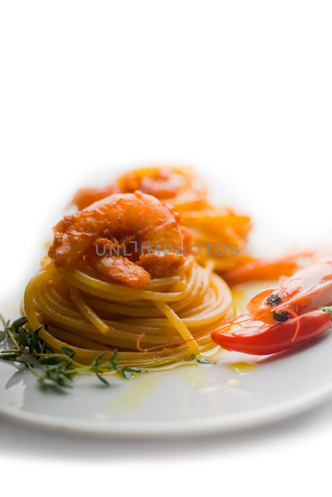 italian spaghetti pasta and fresh spicy shrimps sauce over white