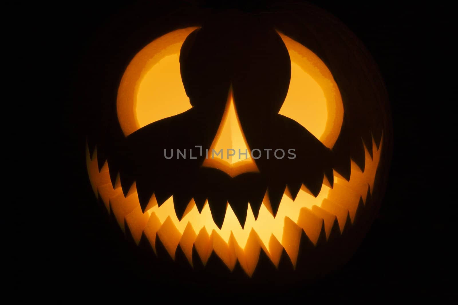 Carved Halloween pumpkin glowing in the dark.