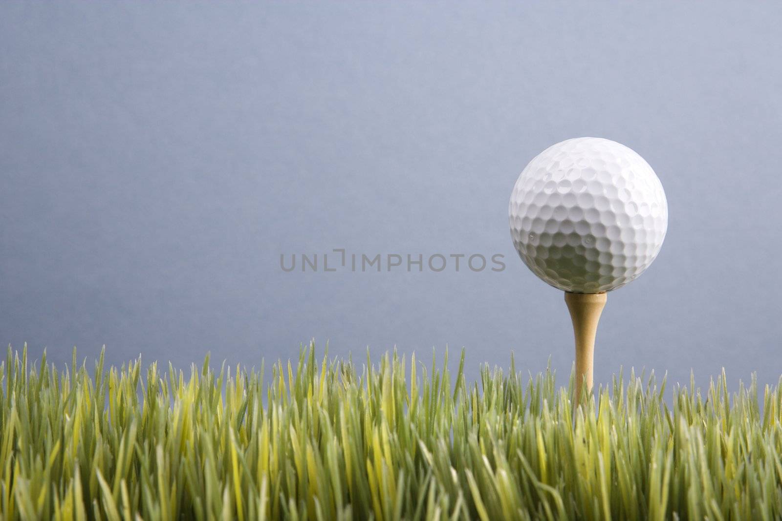 Studio shot of golf ball resting on tee in grass.