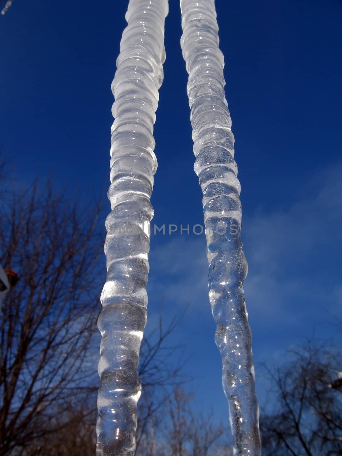 Two transparent icicles on a background of blue sky