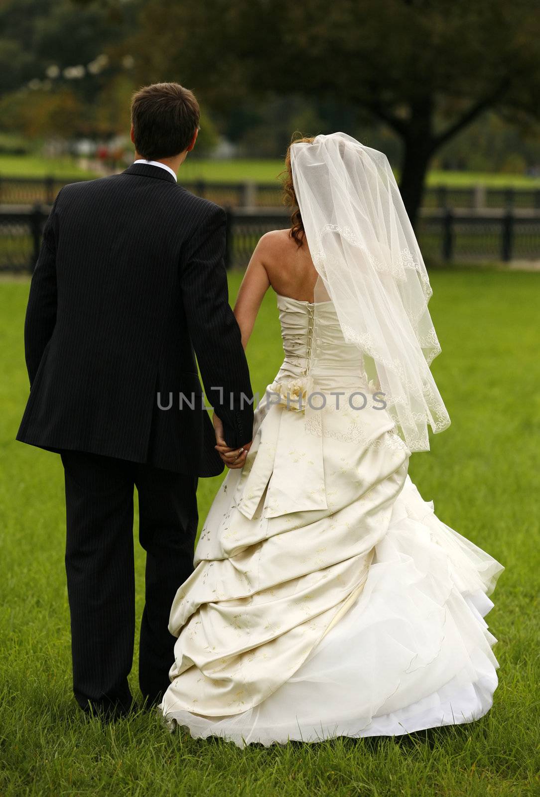 Bride and the groom in autumn park