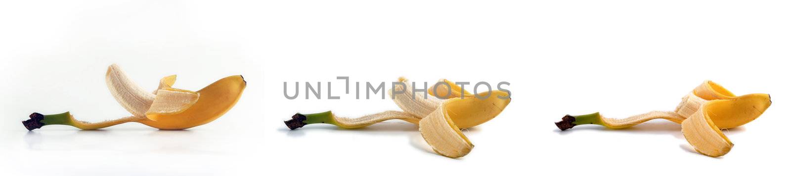 Banana sequence.The same ripe fruit in different stages on white background