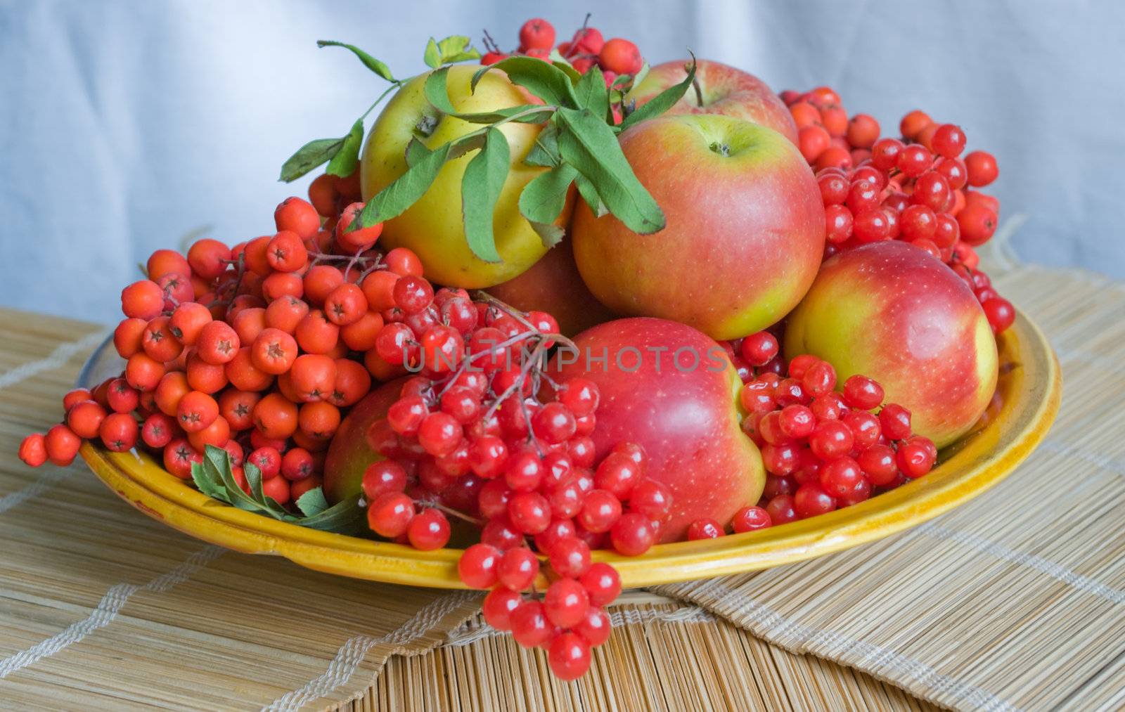 The image of a plate with autumn fruits