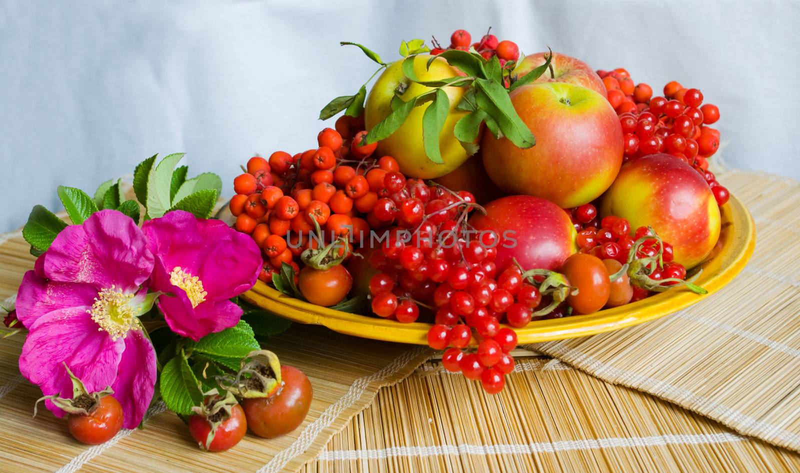 The image of a plate with autumn fruits