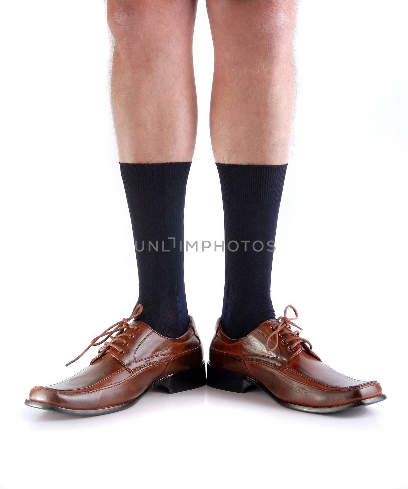 Legs from a businessman without his pants. White background