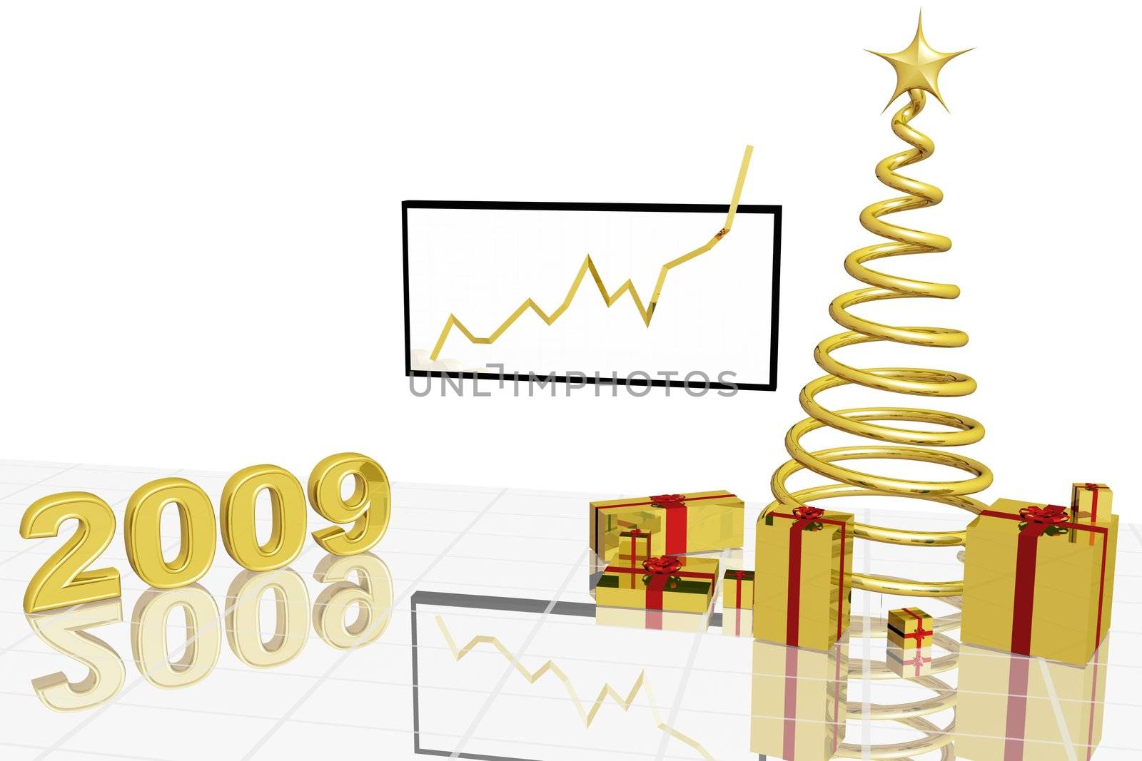 Xmas tree with gifts, successful chart and date 2009.