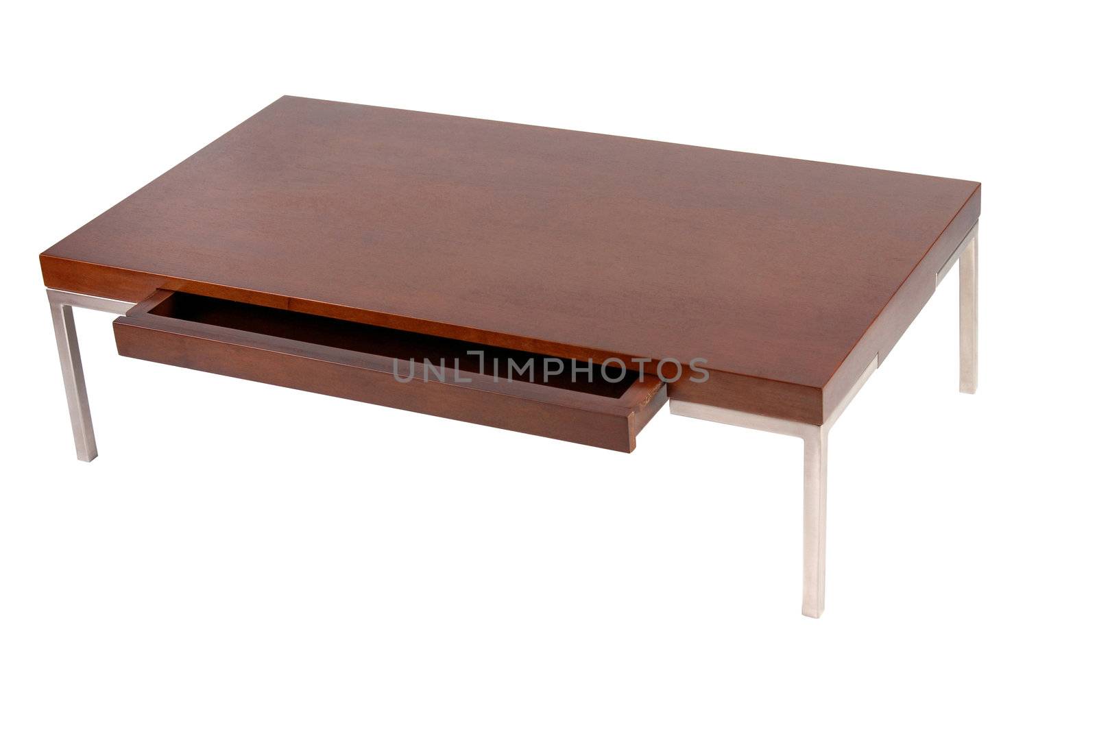 Wooden and metal coffee table with an open drawer. Isolated on white background