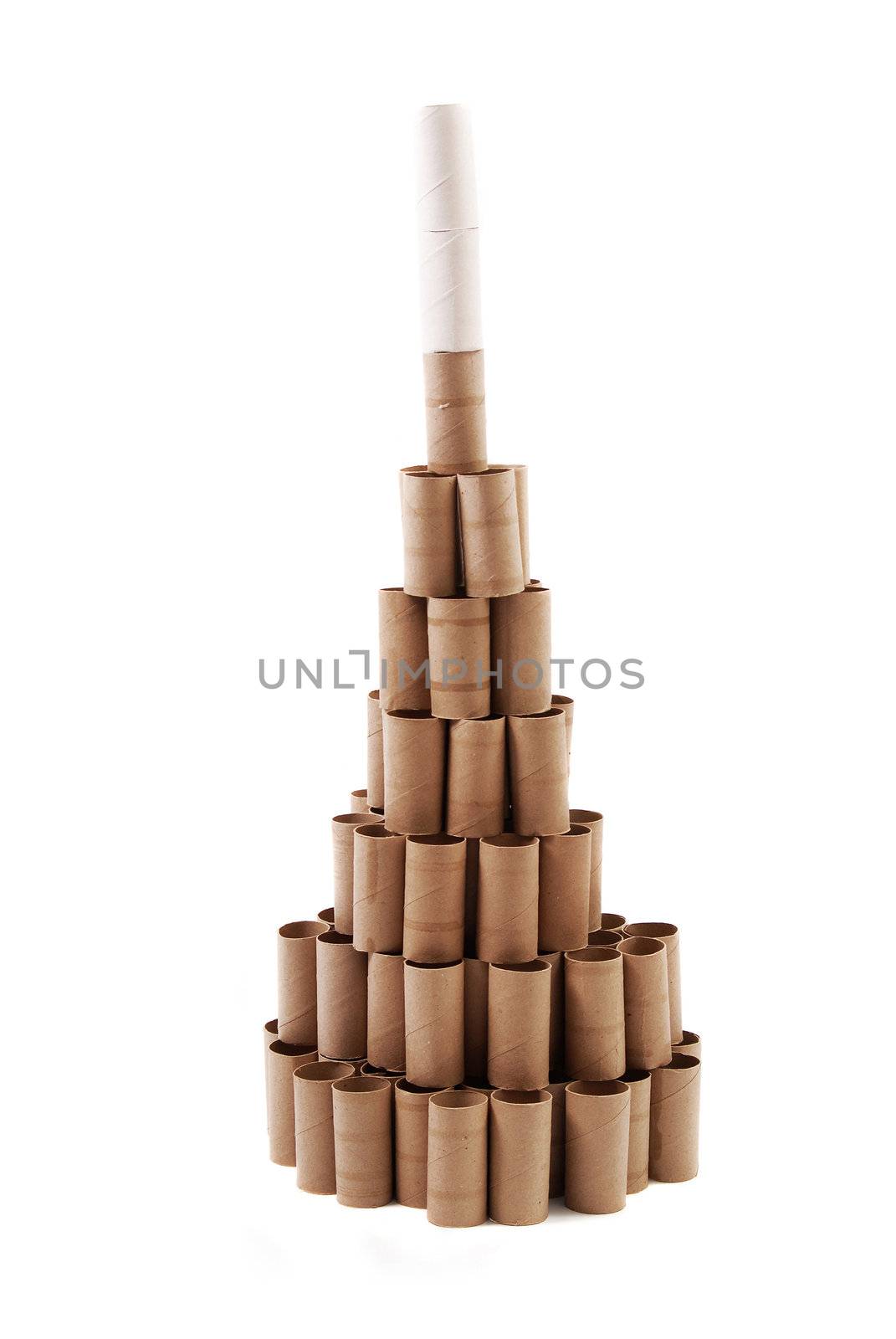 Christmas Tree made with cardboard rolls of toilet paper. White background