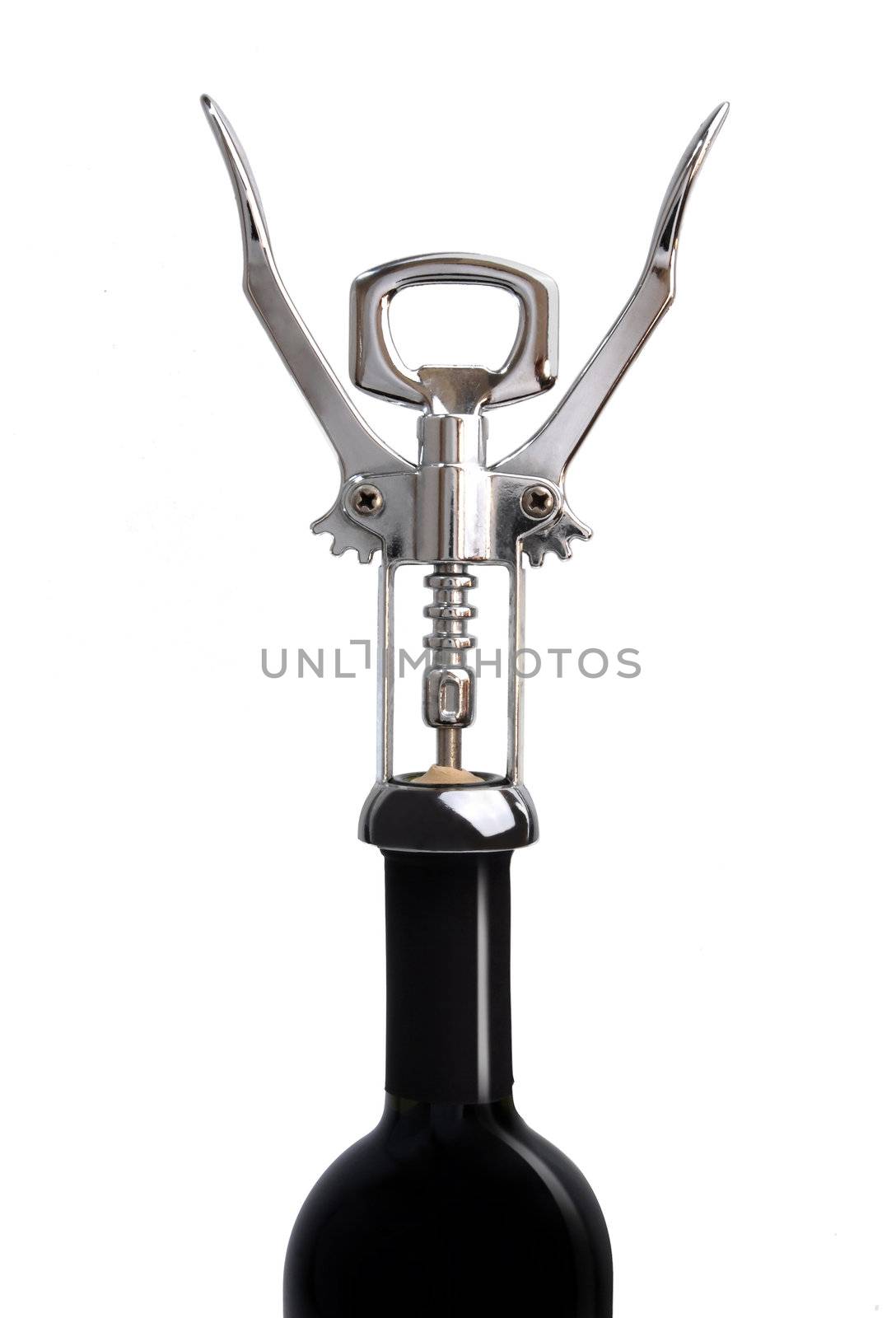 Corkscrew on a bottle of wine. Isolated on white background
