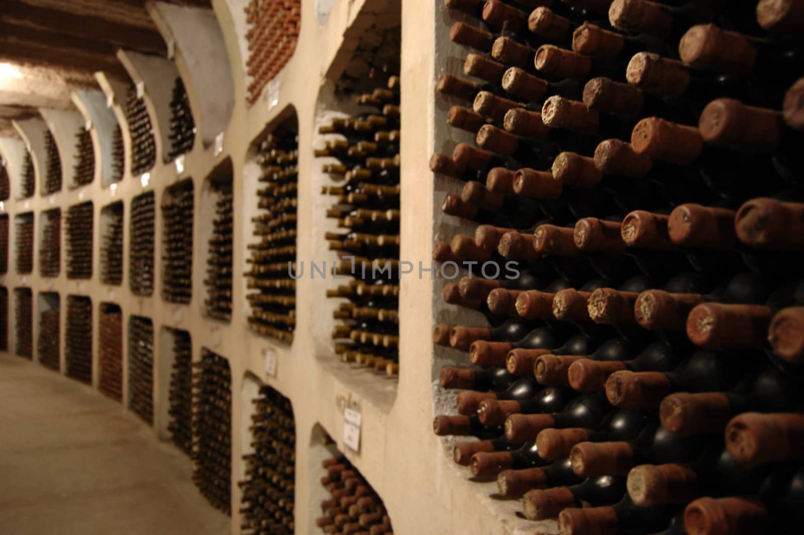 old wine bottles laying in racks in cellar