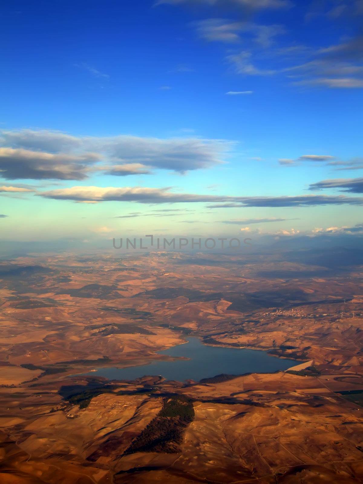 Lake Ogliastro and Italian landscape of Sicily as seen from 10000ft