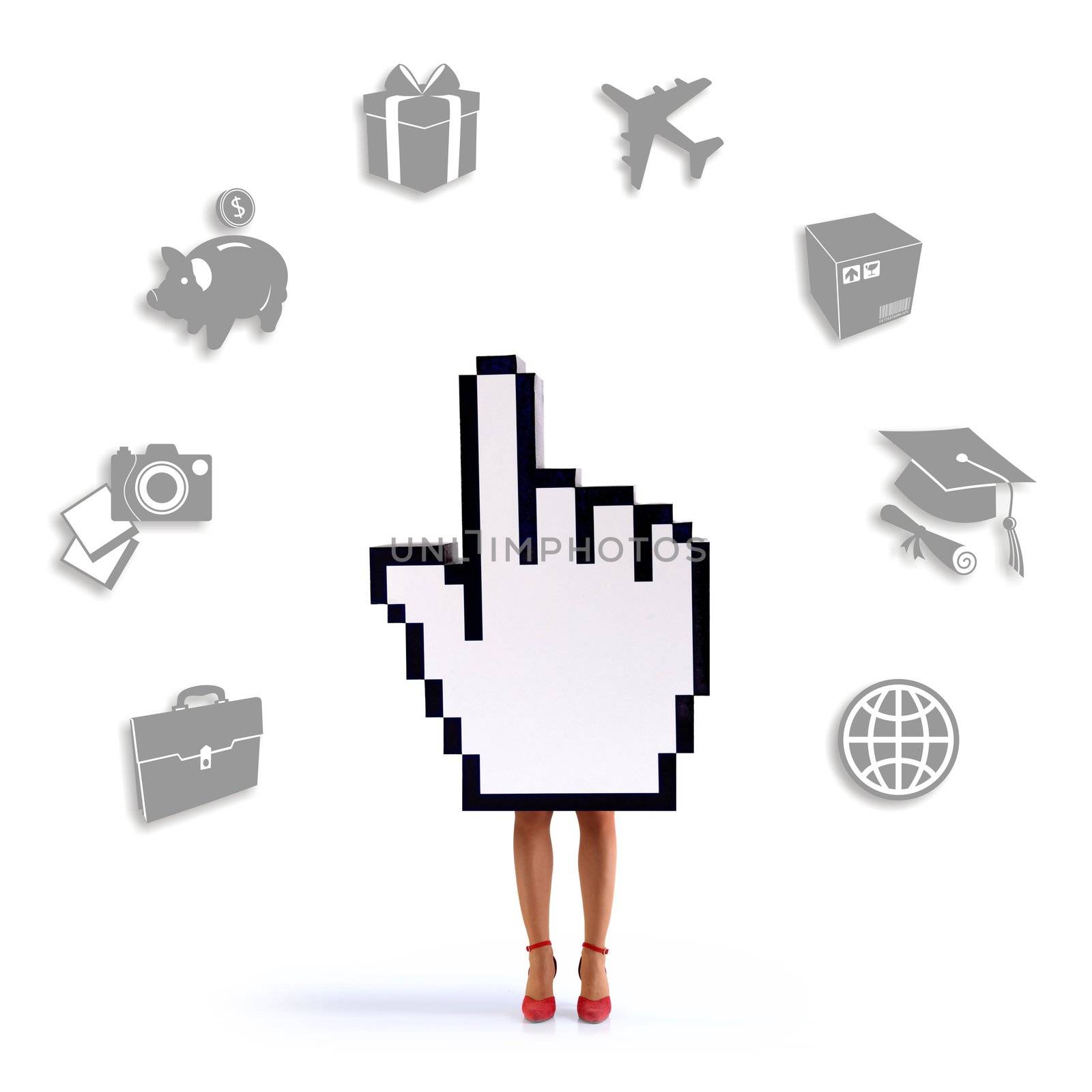 Hand cursor with female legs sorrounded of e-commerce icons. White background. PSD file with paths available.