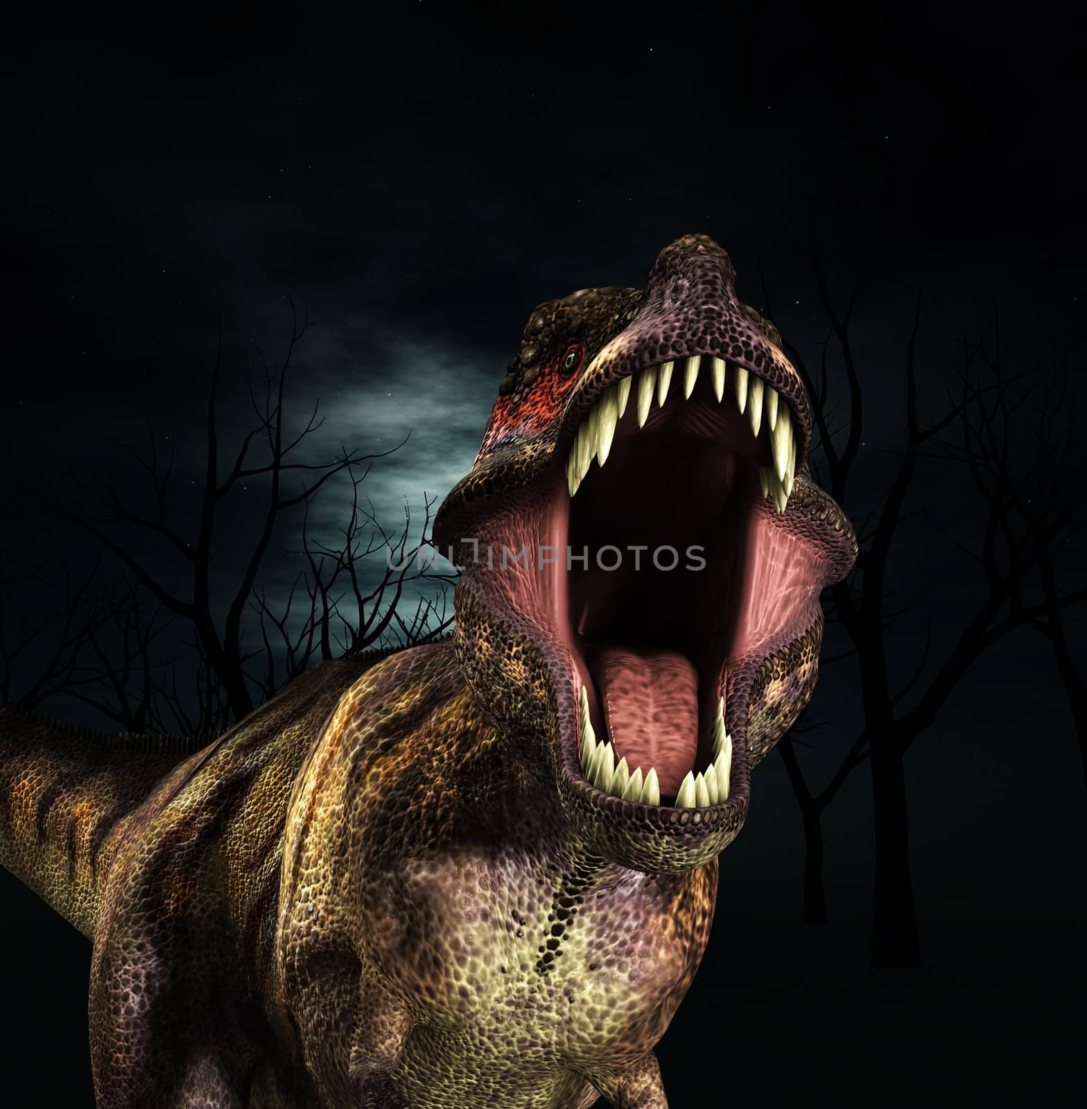 A Tyrannosaurus  Rex that is roaring fiercely. 