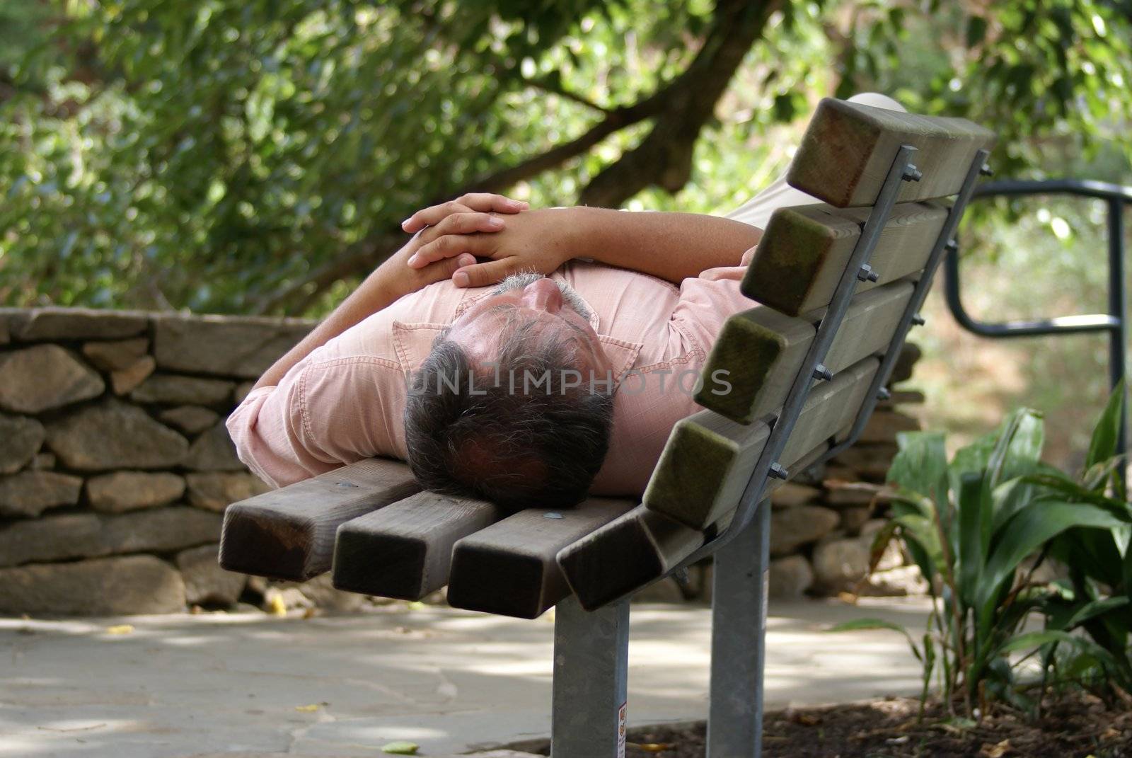 Man sleeping on a park bench during the day.              