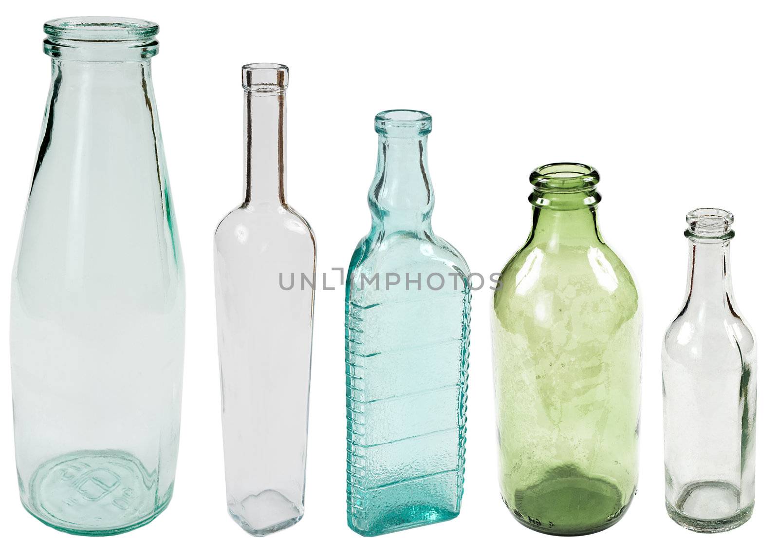 Five old bottles in order of size