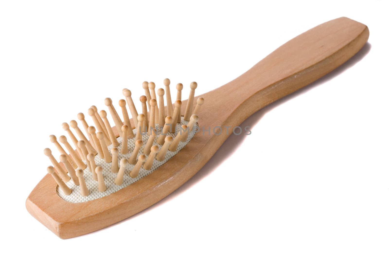 close-up wooden hair brush, isolated on white