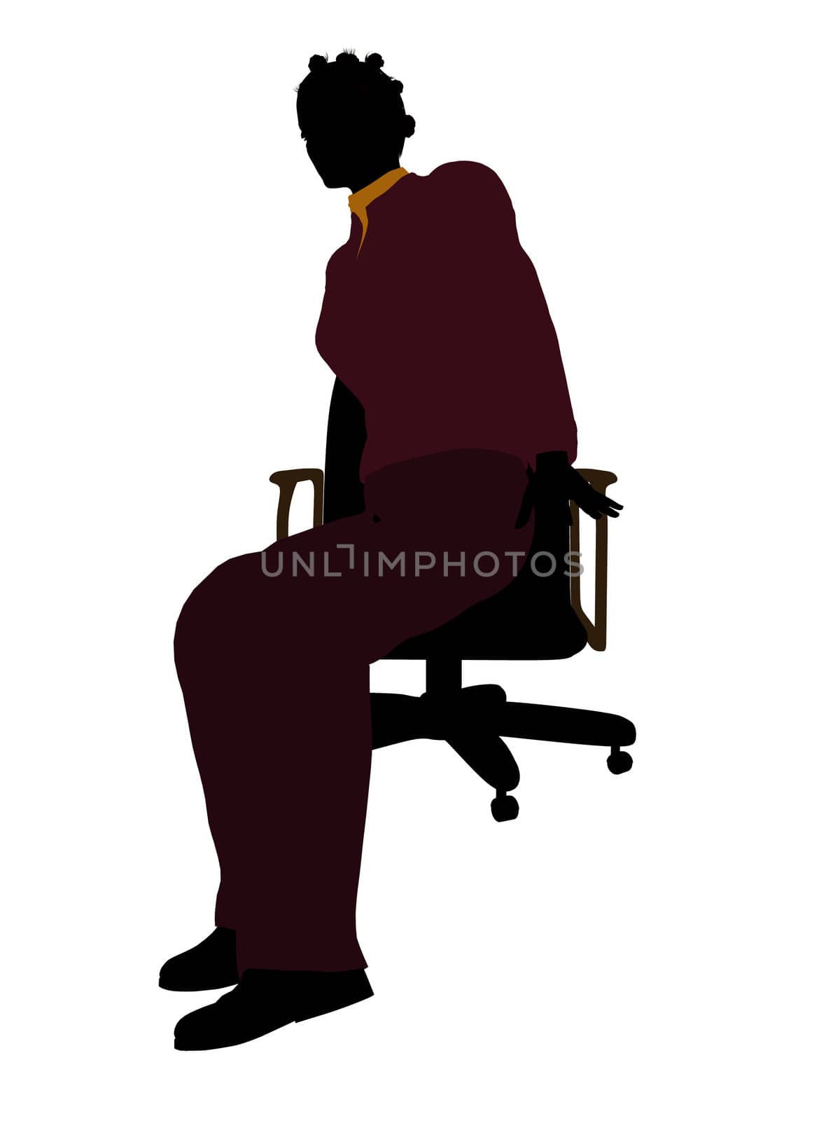 African American casual dressed female sitting on a chair silhouette on a white background