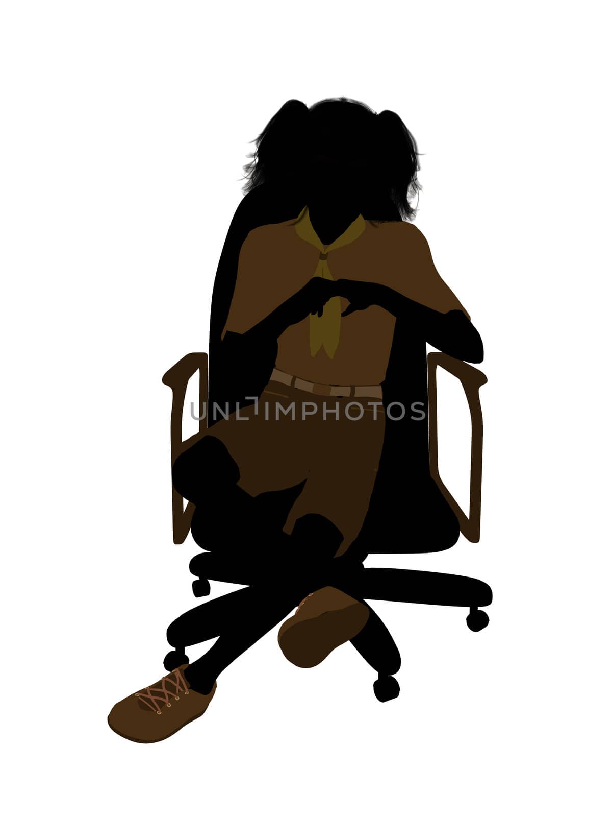 Girl scout sitting on A Chair silhouette dressed in shorts on a white background
