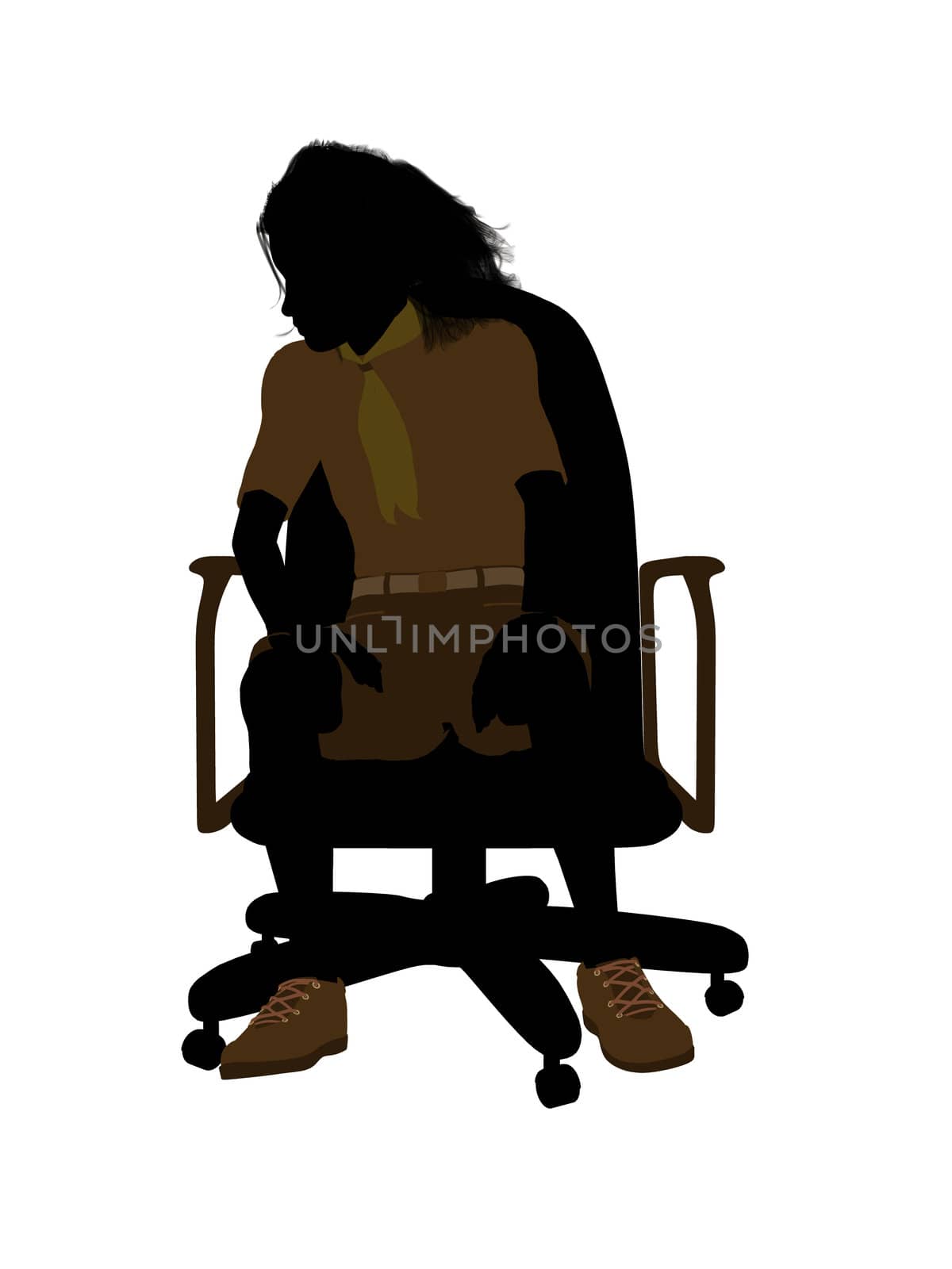 Girl scout sitting on A Chair silhouette dressed in shorts on a white background