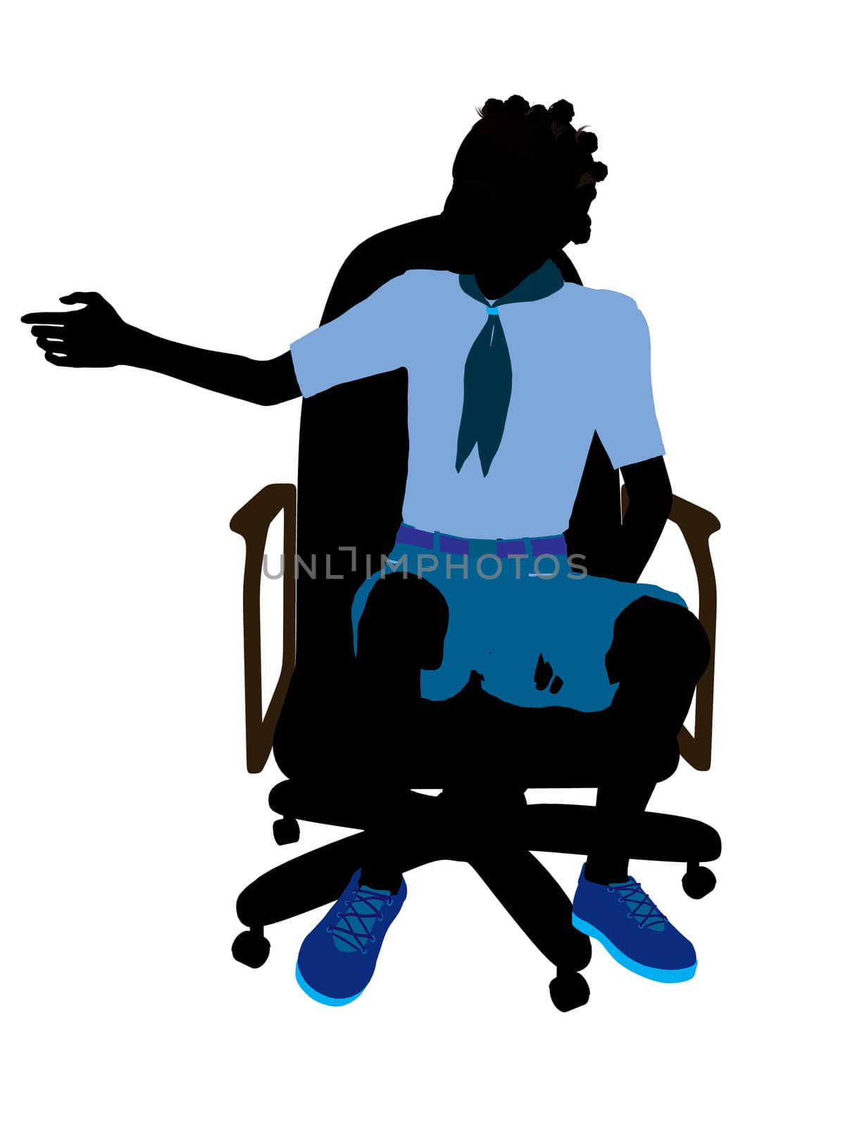 African american girl scout sitting in a chair silhouette dressed in shorts on a white background